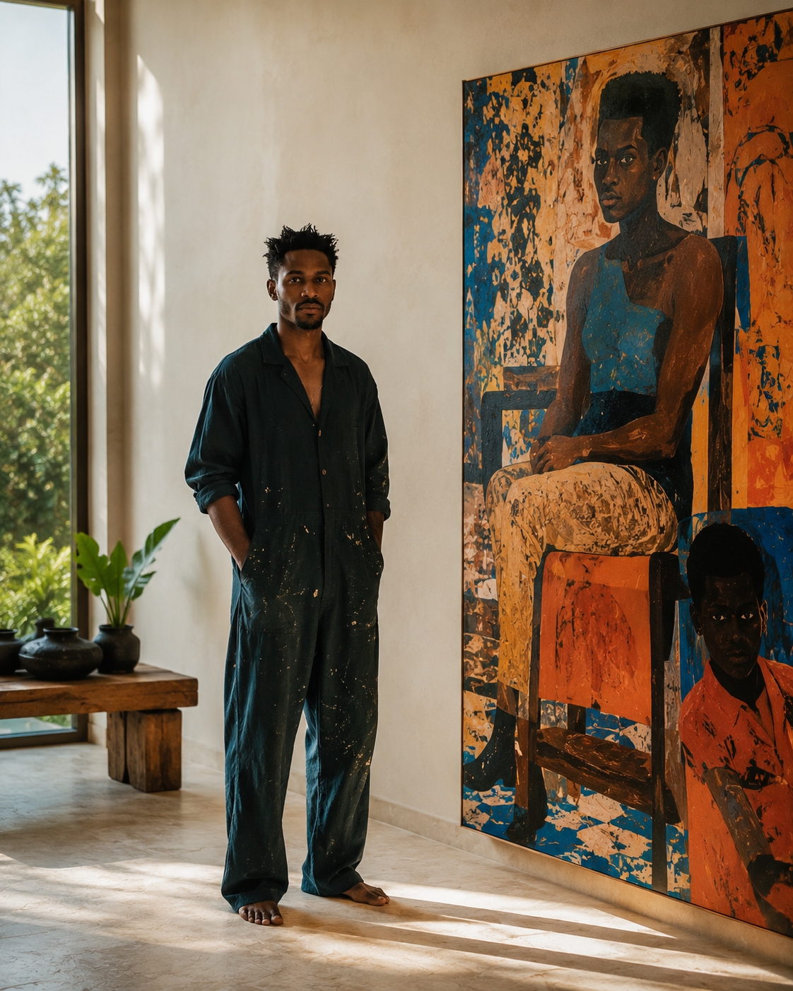An artist in their studio surrounded by their work